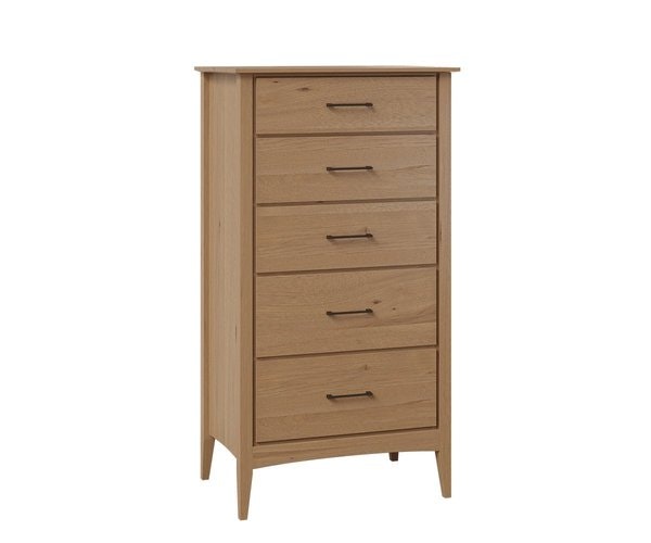 Amish Eloise Modern 5-Drawer Chest of Drawers shown in Brown Maple Wood with Sandstone Stain.