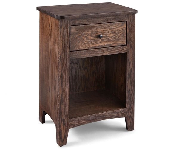 Amish Mae Modern Simple 1-Drawer Nightstand shown in Oak Wood with Shadow Finish.
