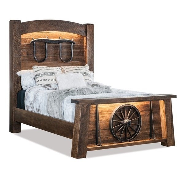 Amish Rustic Ridge Bed with 78 High Headboard with Optional Yoke on the Headboard and Wheel on the Footboard.
