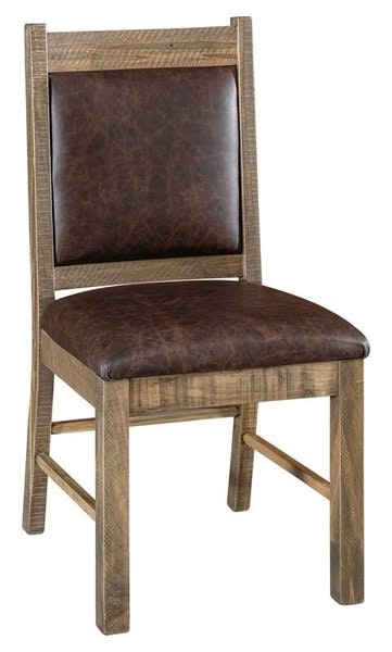 Amish Handcrafted Elijah Upholstered Dining Chair shown in Rough Sawn Wormy Maple with Sandstone Stain and Texas Leather Fabric