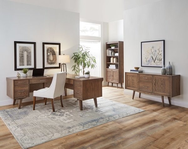 Amish Neveah Mid-Century Modern 3-Piece Office Set Includes 1 Credenza with Filing Cabinet, 1 Bookcase, and 1 Desk