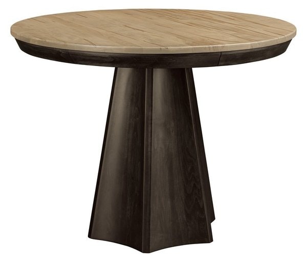 Solid wood Amish pedestal dining table shown in a Seashell Stained top and the base is shown in a Dark Knight Stain