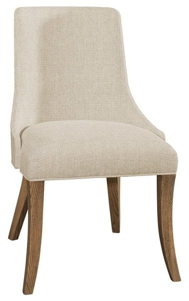 Amish Rhinebeck Curved Back Upholstered Dining Chair Shown in Melody Fabric with Oak Wood Legs and American Antique Stain