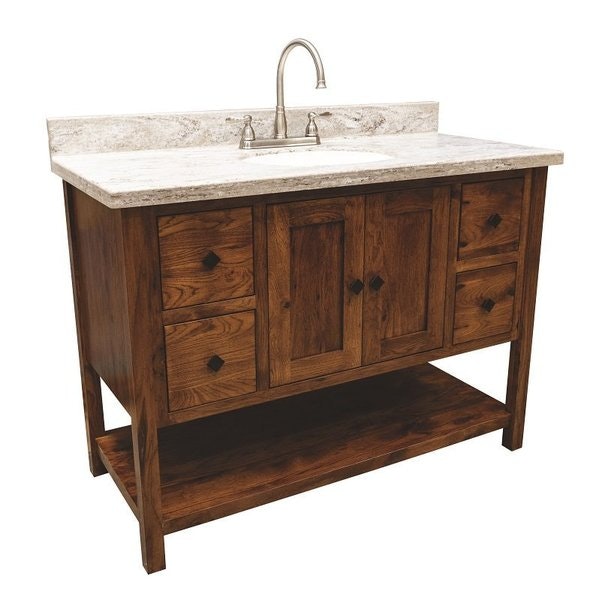 Amish Shaker Freestanding Vanity Base Only shown in Rustic Hickory with Tavern Stain