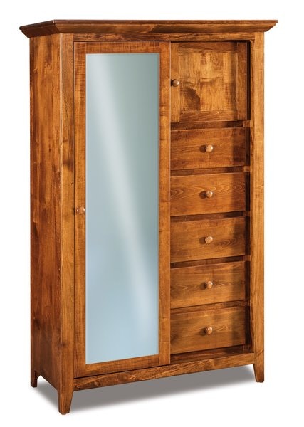 Amish Shaker Chifferobe with Sliding Mirror Door shown in Brown Maple with Lite Asbury Stain.