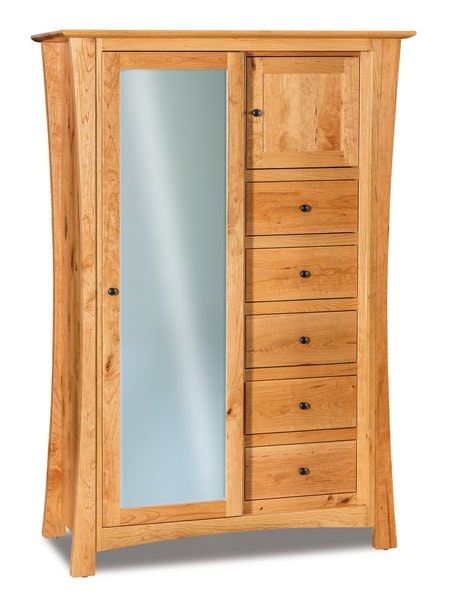 Amish Isaiah Chifforobe with Sliding Mirrored Door shown in Rustic Cherry Wood with Natural Stain.