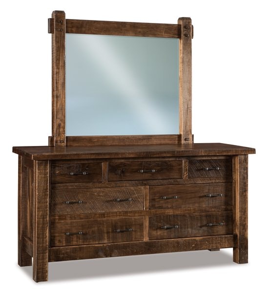 Amish Rustic Wood Dutton 7-Drawer Dresser shown in Rustic Rough Sawn Brown Maple Wood with Almond Stain