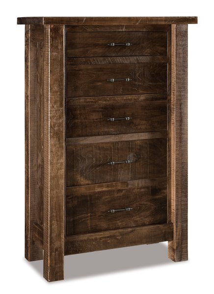 Amish Custom Rustic Wood Dutton 5-Drawer Chest of Drawers shown in Rustic Rough Sawn Brown Maple Wood with Almond Stain