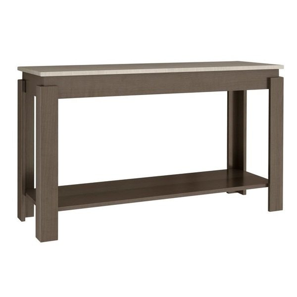 Amish Custom Oaklee Solid Wood Open Sofa Table shown in Top: Wormy Maple with Frost Stain, and Base: Brown Maple with Driftwood Stain