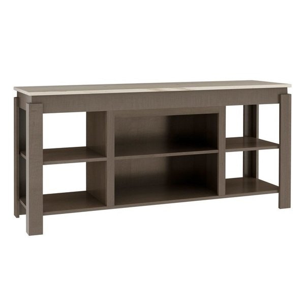 Amish Oaklee Solid Wood Open Media Console shown in Top: Wormy Maple with Frost Stain, and Base: Brown Maple with Driftwood Stain