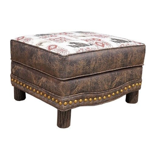Amish Handcrafted Luke Rustic Hickory Log Upholstered Storage Ottoman