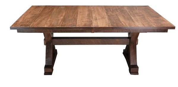 Amish 74 Wide Handcrafted Durango Rough Cut Maple Wood Trestle Dining Table shown with Almond Stain