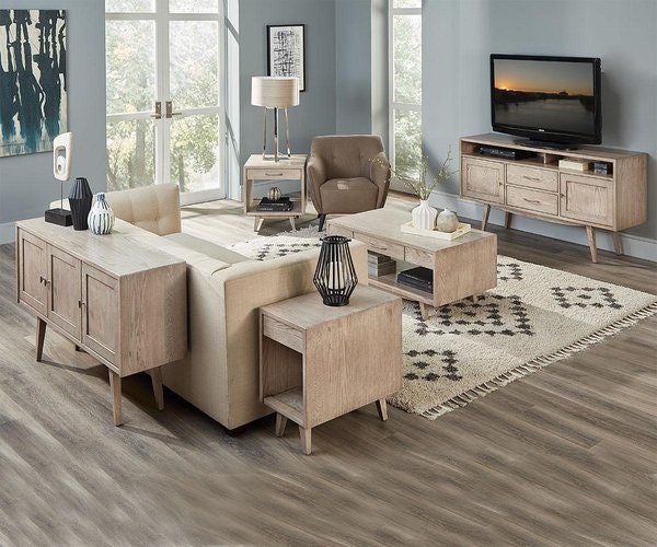 Amish Enrich Mid-Century Modern 5-Piece Living Room Set Includes 1 Side Chair, 1 End Table, 1 Coffee Table, 1 Sofa Table, and 1 Media Stand