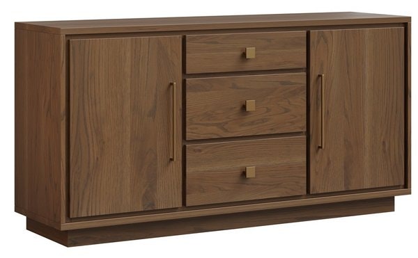 Amish Sleek Modern Sideboard Cabinet with Three Center Drawers 64 - 84 Width shown in Rustic White Oak with Coco Light Stain