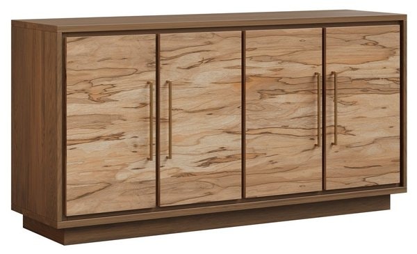 Amish Handcrafted Sleek Modern Four Door Sideboard Cabinet 64 - 84 Width shown in Frame Wood Rustic White Oak with Coco Light Stain and Door Wood in Spelted Maple with Natural Stain