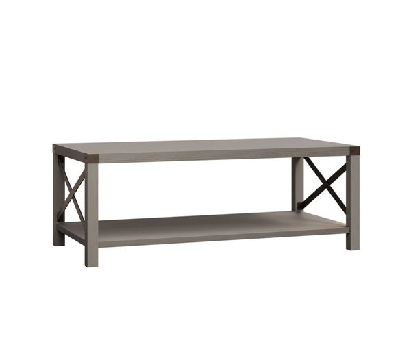 Amish 48 Wide Berkley Springs Coffee Table with Bottom Shelf and metal X Sides and Top Corners shown in Red Oak with Frost Stain