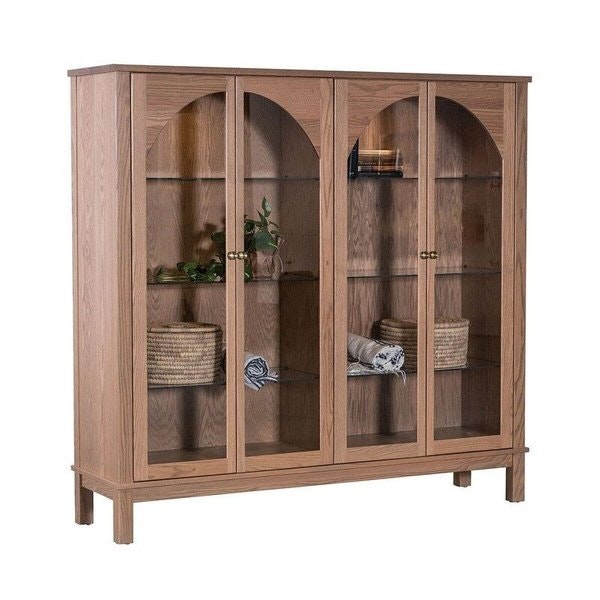 Amish Cade Modern Arched Storage Cabinet with Glass Doors shown in Red Oak with Wicker Stain