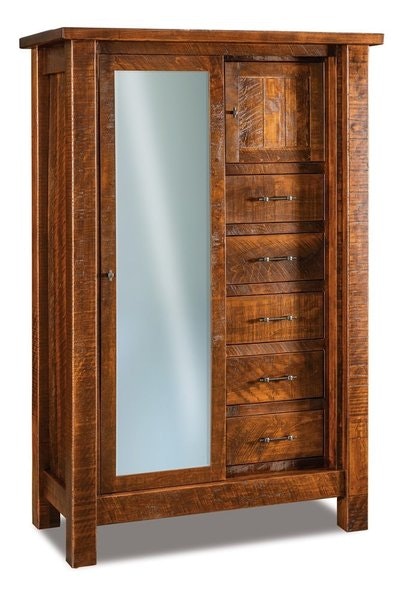 Amish Rustic Chifferobe with Sliding Glass Door - Quick Ship in Rustic Rough Sawn Brown Maple with Vintage Antique Stain