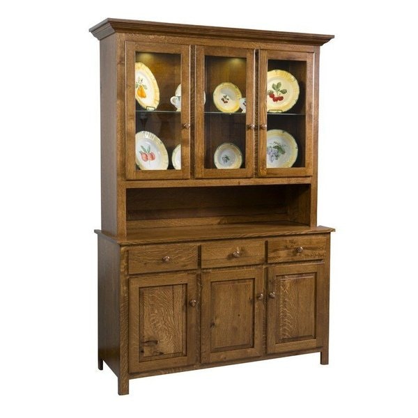 Amish Shaker Farmhouse 3-Door Hutch shown in Rustic Quarter Sawn White Oak with Lite Asbury Stain