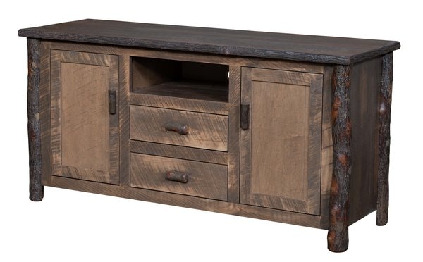 Amish Settlers 60 Rough Cut Maple TV Stand shown in R/C Maplewood and  Hickory with Desert Sand Stain