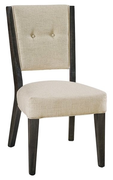 Amish Lebanon Upholstered Chair shown in Brown Maple with Dark Knight Stain and Goldenrod Fabric.