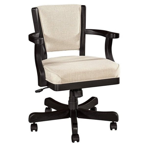 Amish Ravenna Upholstered Arm Desk Chair shown in Red Oak with Black Paint and Big Mac Fabric and Raven Base