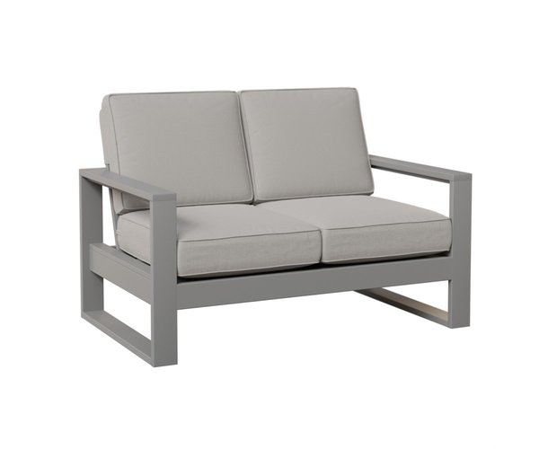 Berlin Gardens Nordic Poly High Back Loveseat shown in Marine Grade Fog Poly and Fade Resistant Cushions