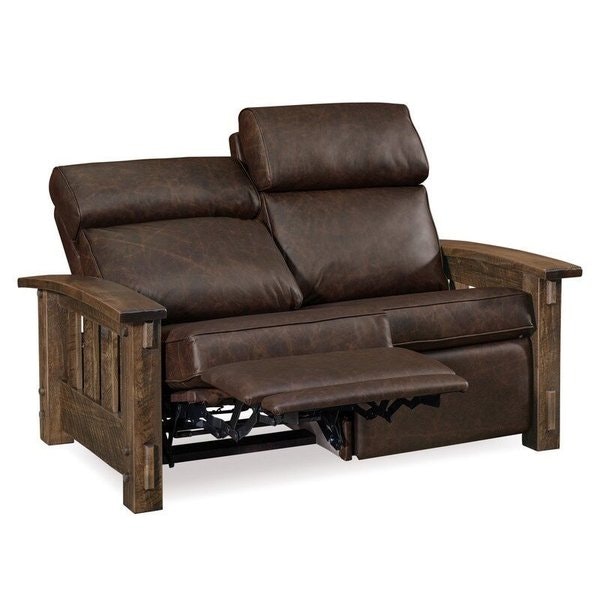 Amish 65 Wide Dutton Rough Sawn Comfy Loveseat Recliner with Hardwood Vertical Side Slats