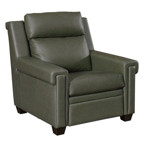 Amish 39 Wide Urban Recliner Chair with Headrest shown in Forest Leather and  Brown Maple with Ebony Stain