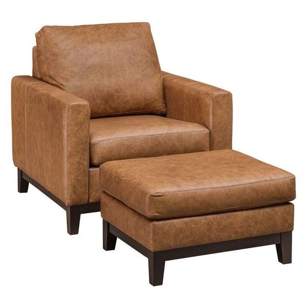 Amish 35 Wide Metro Chair shown in Kodiak Leather and  Brown Maple with FC Ebony Stain