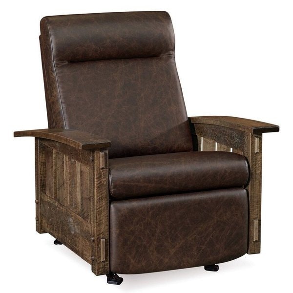 Amish 33 Wide Dutton Rough Sawn Comfy Rocker Recliner shown in Brown Maple with Almond Finish