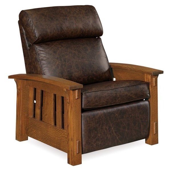 Amish Trinity Mission Comfy Chair Recliner shown in Quarter Sawn White Oak with Michaels Cherry Stain.