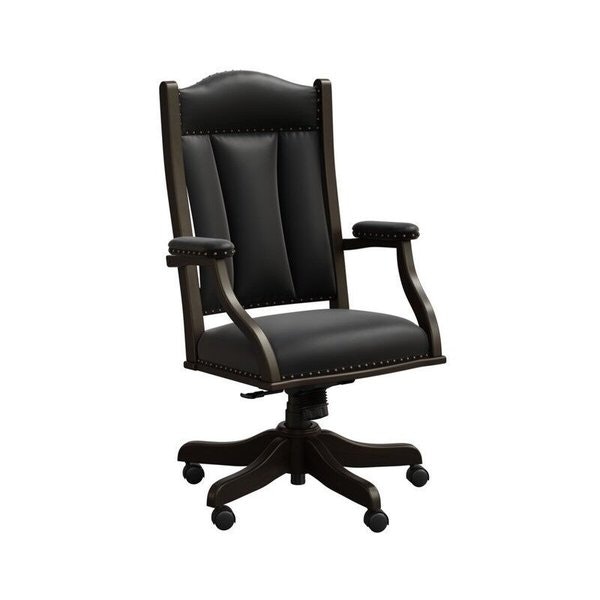 Amish Upholstered Executive Swivel Office Chair - Quick Ship shown in Brown Maple with Onyx Stain and Black Leather