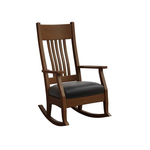 Amish Caratunk Royal Mission Rocker - Quick Ship shown in Quarter Sawn White Oak with Asbury Stain and Black Leather