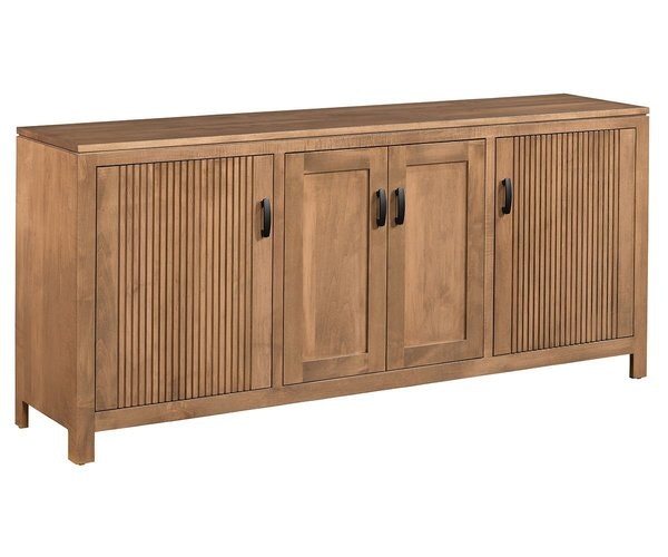 Amish Taylor 72” Long Media Console with Tambour Grooved Doors shown in Brown Maple with Tundra Stain