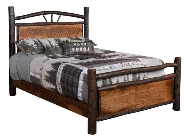 Amish Handcrafted Thomas Rustic Maple and Hickory Twig Log Panel Bed Frame Shown in R/C Maplewood & Hickory with Lite  Asbury Stain