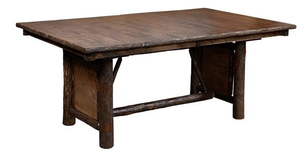 Amish Settlers Panel Trestle Dining Table shown in R/C Maplewood and Hickory  with Almond Stain