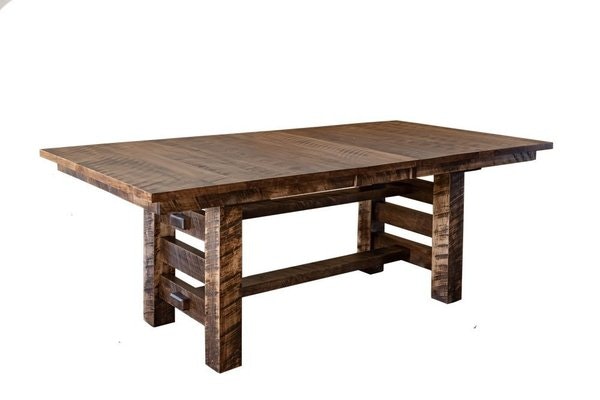 Amish Laramie Trestle Table shown in Rough Cut Maplewood with Almond Stain