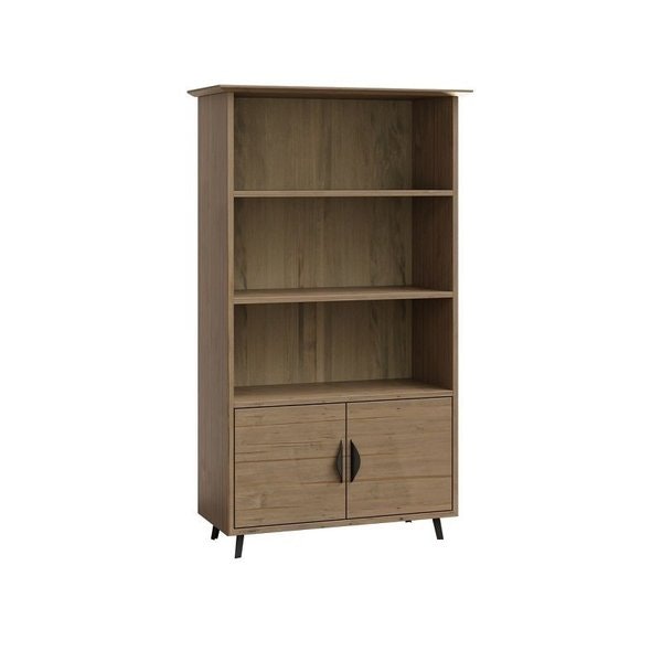 Amish 35 Wide Clifton Bookshelf shown in Wormy Maple with Bel Air Stain and Lunar Black Steel Legs