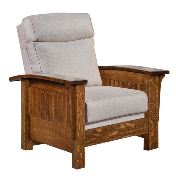 Amish 31 3/4 Wide Hartsville Mission Stationary Chair shown in Quarter Sawn White Oak with Michaels Stain and Mushroom Fabric