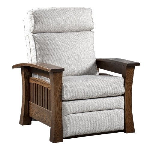 Amish 32 3/4 Wide Calvert Recliner shown in Red Oak with Asbury Stain and Limestone Fabric