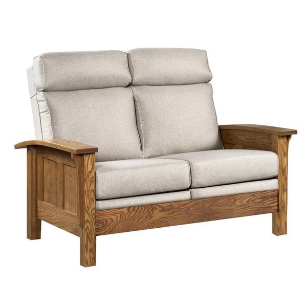 Amish 54 Wide Waverly Stationary Loveseat shown in Red Oak with Seely Stain and Mushroom Fabric