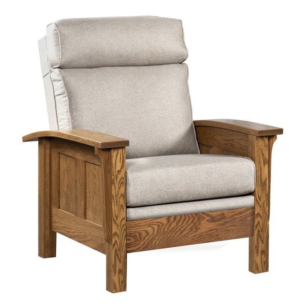 Amish 31 3/4 Wide Waverly Stationary Chair Shown in Red Oak with Seely Stain and Mushroom Fabric
