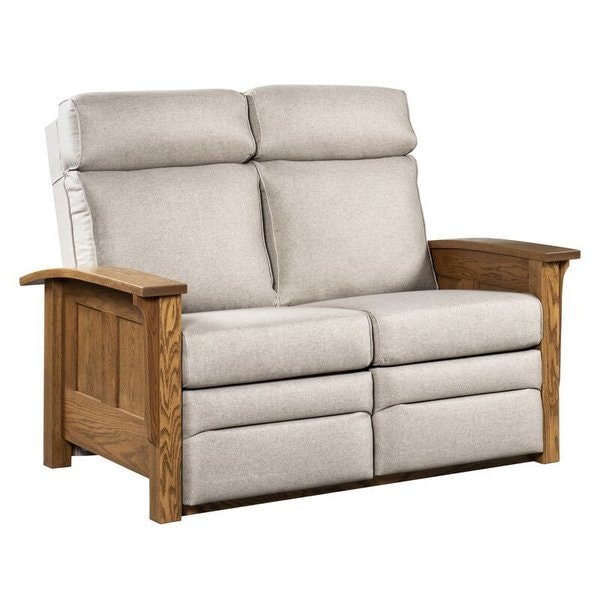 Amish Waverly Recliner Loveseat shown in Red Oak with Seely Stain and Mushroom Fabric