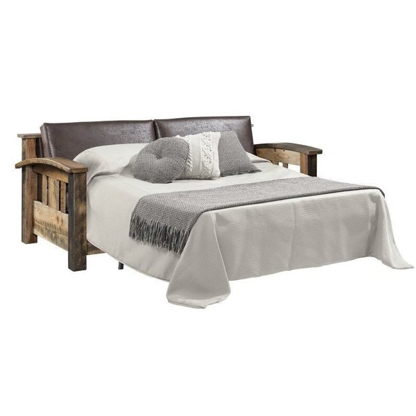 Amish Rustic Sleeper Sofa shown in Reclaimed Barnwood with Black Glaze Stain