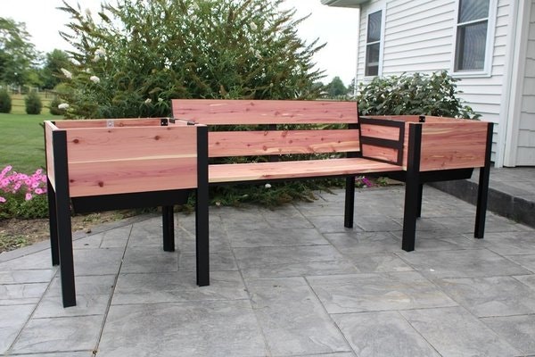 Amish Cedar Wood Garden Planter Bench shown in Eastern Red Cedar