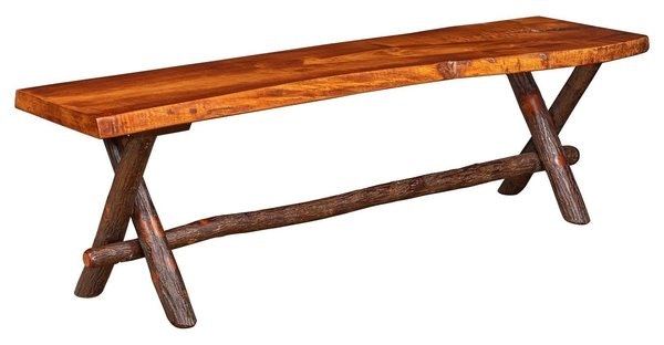 Amish Big Creek Rustic Hickory Twig Backless Bench with Live Edge Top - Quick Ship Shown With: Wood – Top: Maple Wood – Base: Hickory Stain: Michael’s Cherry
