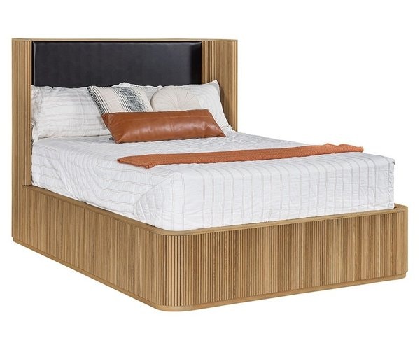 Amish Weber Platform Bed with Upholstered Headboard shown in White Oak with Palmer Bleach Stain