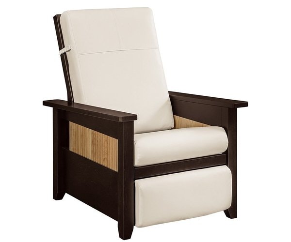 Amish 55 Wide Sofi Recliner Sofi shown in Cream Ultra Leather in Brown Maple with Ebony Stain White Oak Side Panels with Natural finish, 10 Sheen