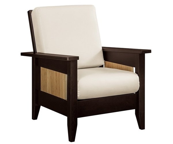 Amish 33 Wide Sofi Lounge Chair shown in Cream Ultra Leather in Brown Maple with Ebony Stain White Oak Side Panels with Natural Finish, 10 Sheen
